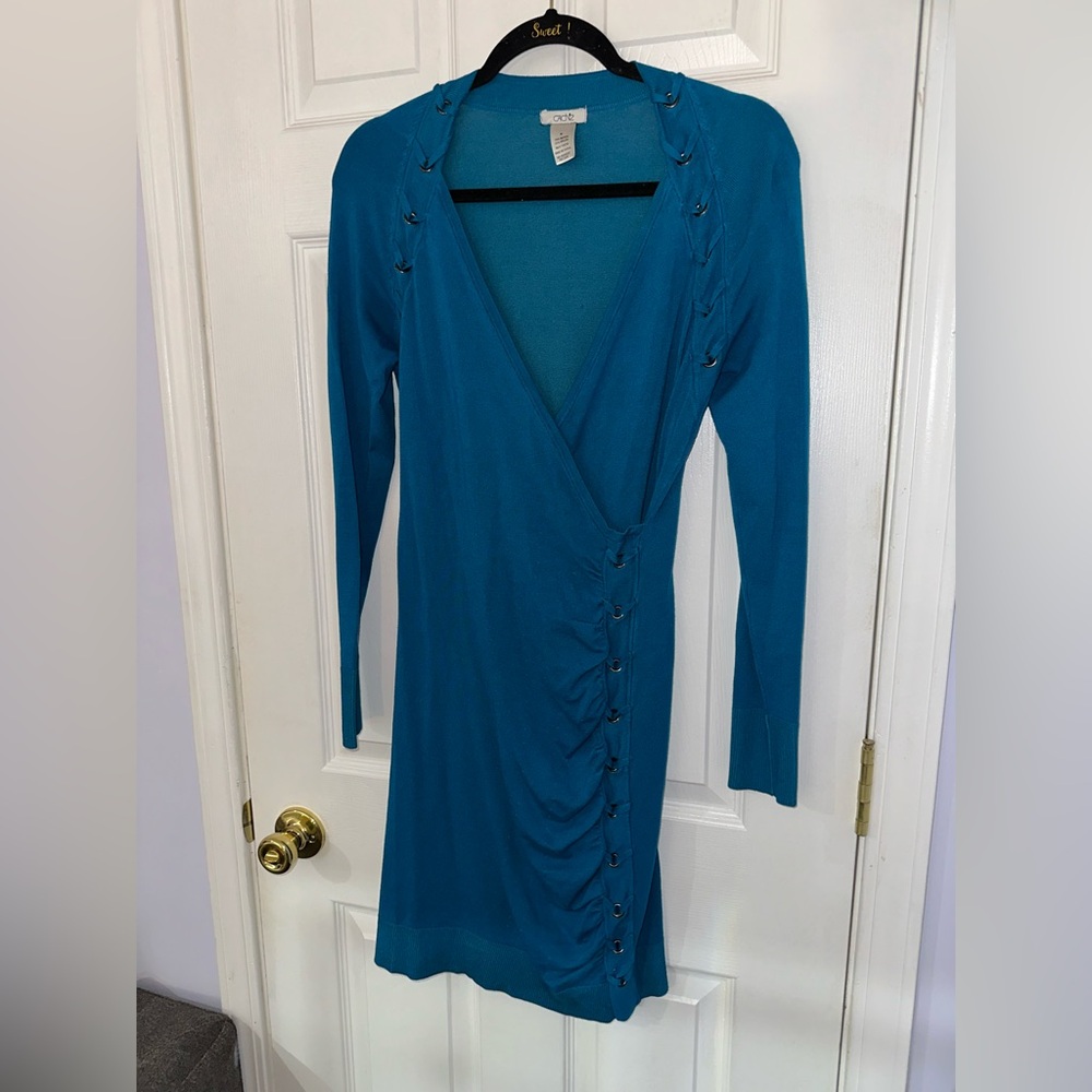 Cache Teal Long Sleeve Dress with Button Accents (M) - Picture 2 of 16